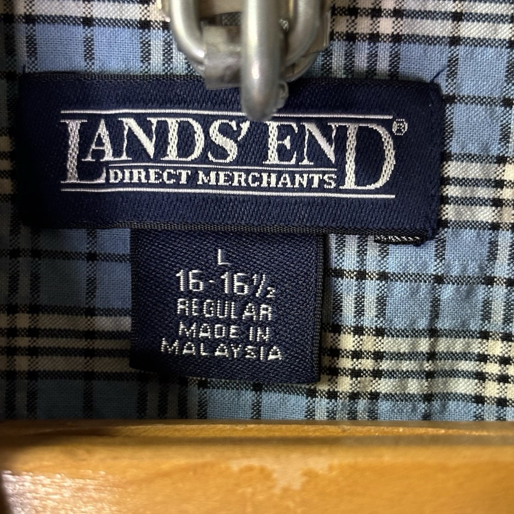 Lands End Men's‎ L Short Sleeve Button Down Blue Plaid Shirt Seersucker Preppy - Picture 4 of 5